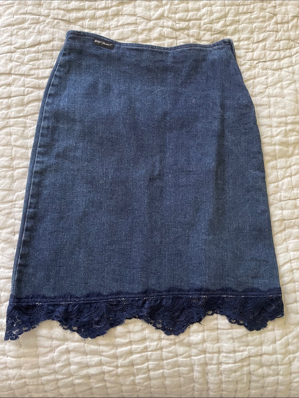 Betsey Johnson Navy Denim Pencil Skirt with Lace Hem